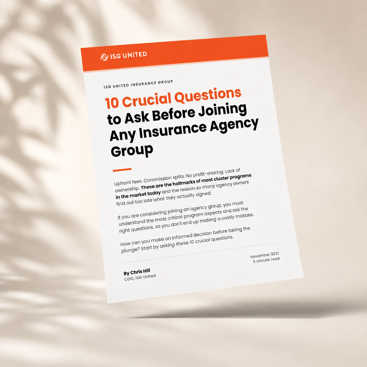 Cover of the ISG United guide: 10 Crucial Questions to Ask Before Joining Any Insurance Agency Group